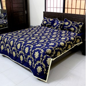 Cotton Sateen 4pcs Blue Embroidered Bridal Bedset BB-001